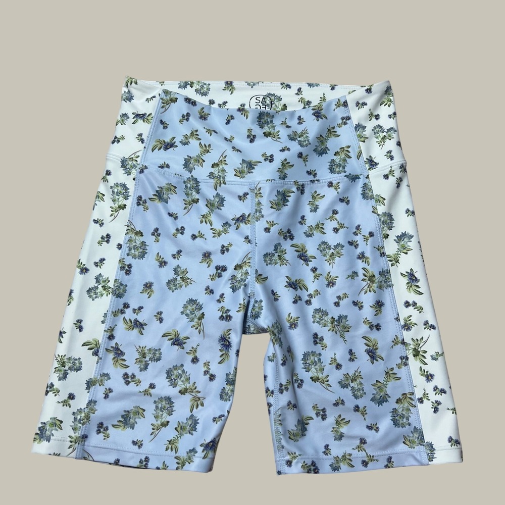 Sage Collective Women Blue Floral High Waisted Biker Shorts Athletic Size Small